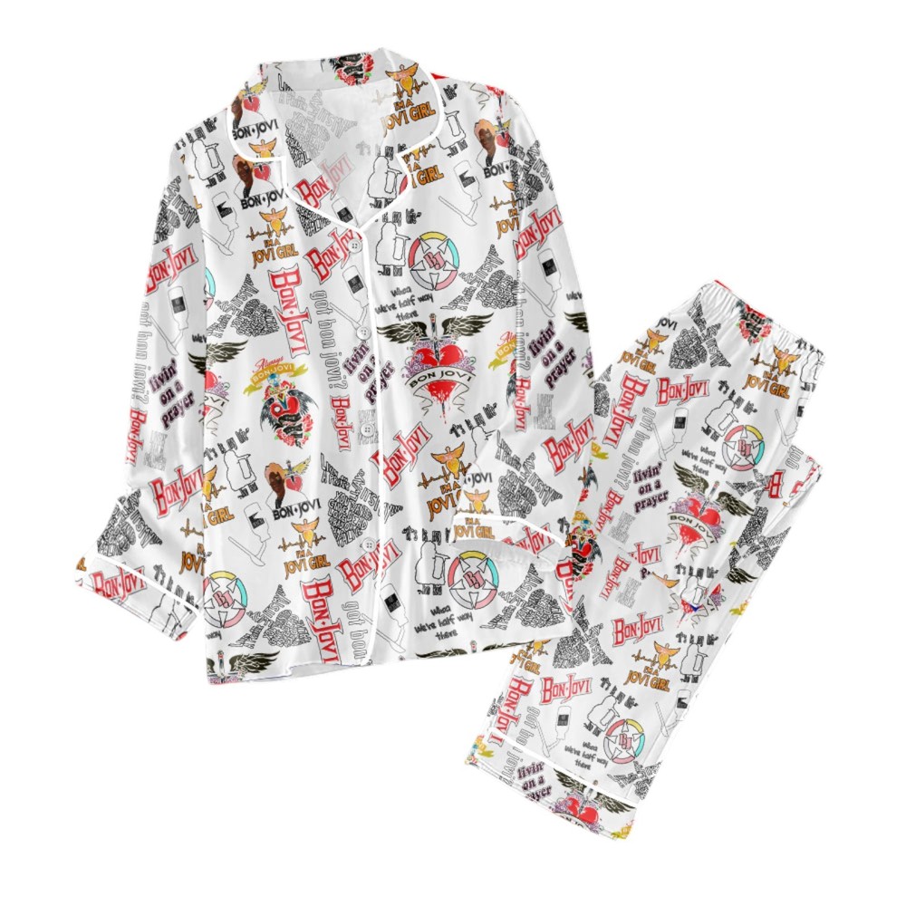 Bon Jovi Graphic Button Down Pajama Set Rock Band Sleepwear HUANNM 4983