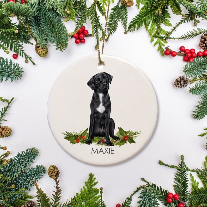Black Lab with White Chest - Personalized Christmas Ornament, Dog Ornament, B...