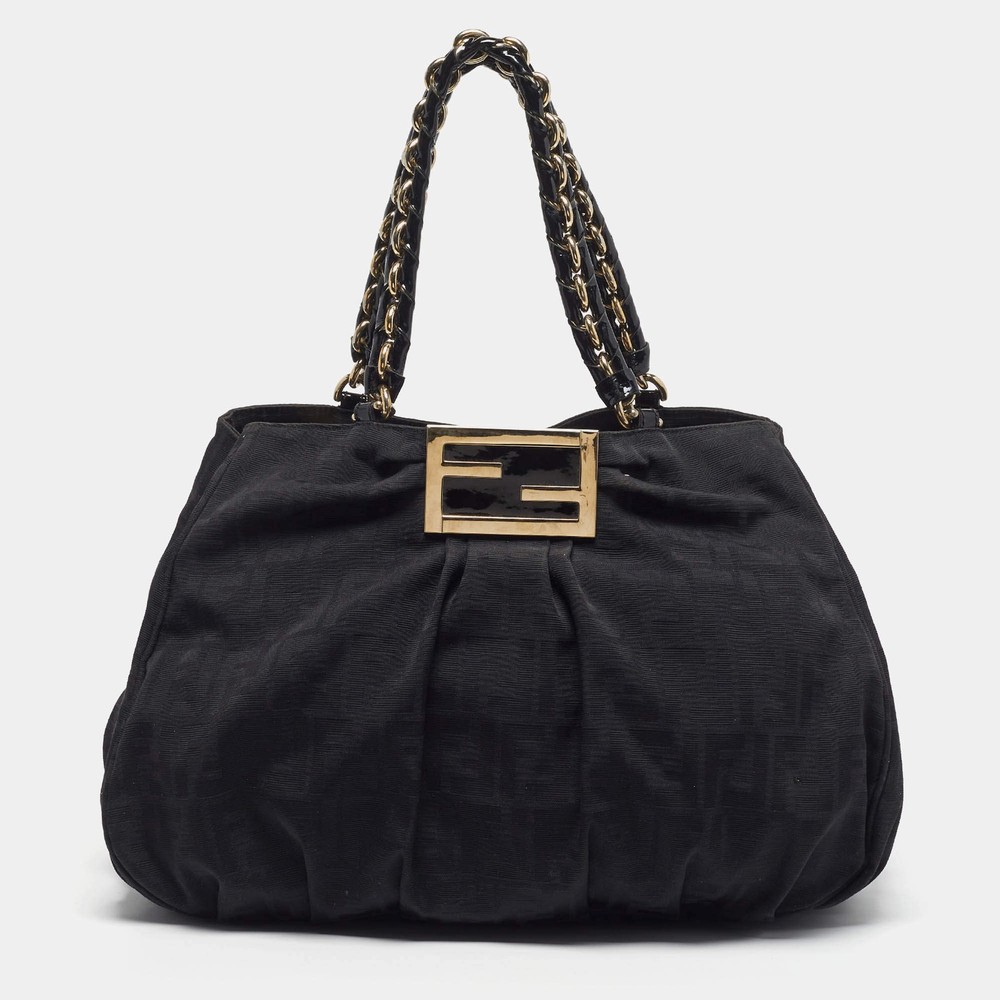 Fendi Mia Large Black Zucca Fabric and Leather Patent Leather Shoulder Bag