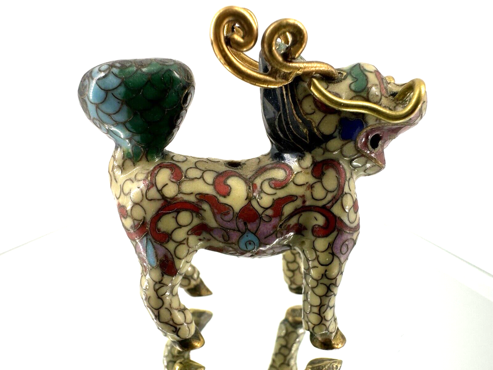 VTG Cloisonne Guardion Foo Fu Dog Fengshui Bronze Brass Lion Beast Statue 2