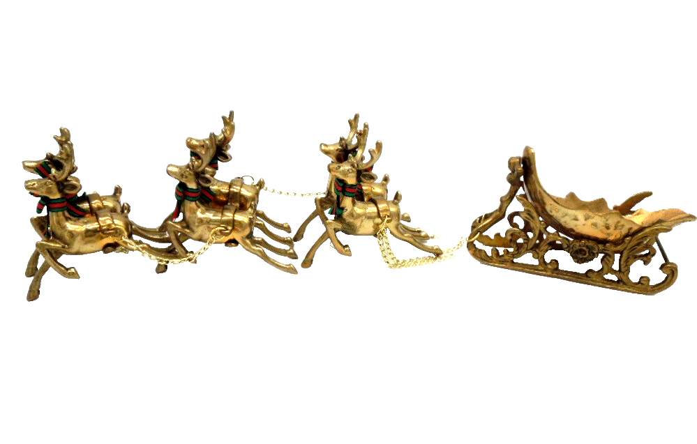 Vintage Solid Brass 6 Reindeer Pulling Sleigh Sled Christmas Horchow Collection