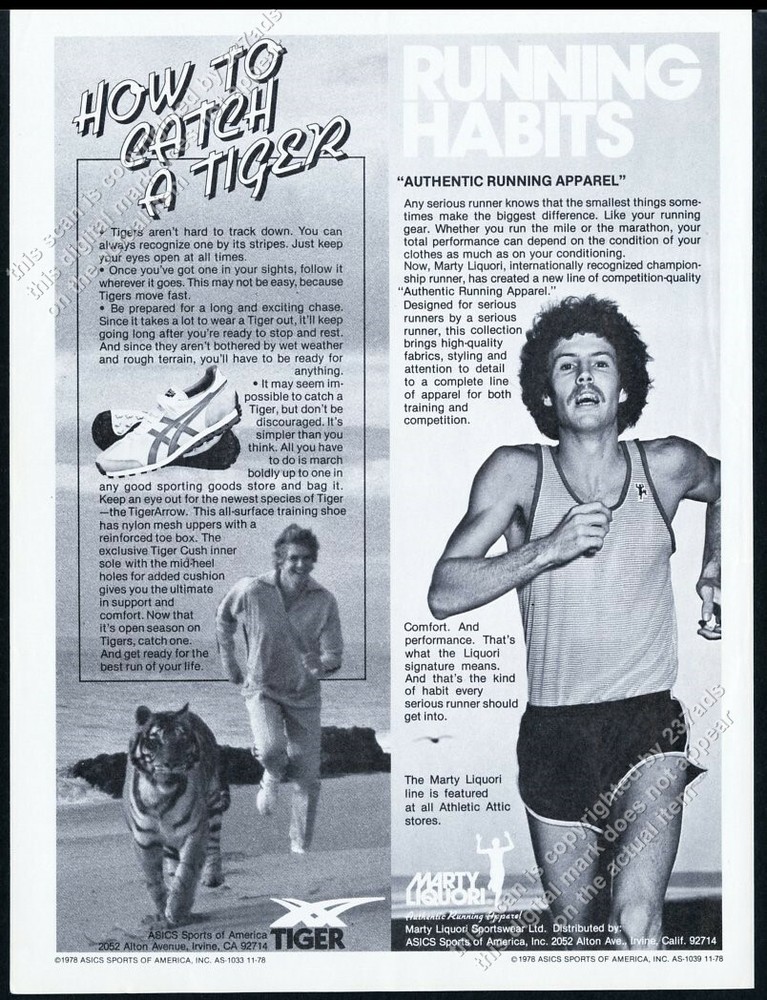 1978 Asics Tiger running shoes Marty Liquori photo vintage print ad