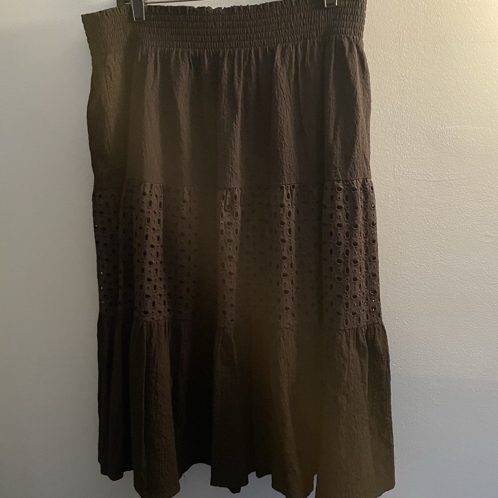 NINE WEST XL Black Eyelet Tiered Midi Skirt Smocked Waist Lined