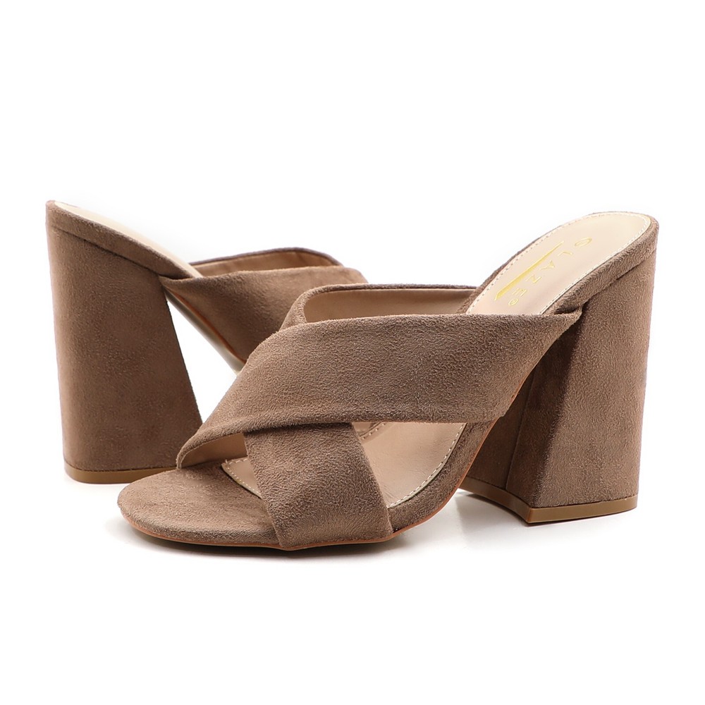Glaze Women's Suede Block Heel Sandals Cross Strap Mule High Heel Slip On