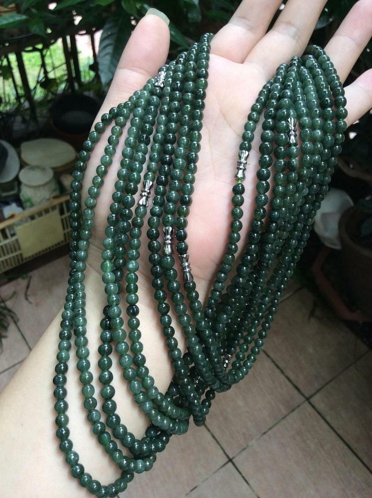 Certified Natural Green Jadeite Carved 5-6MM Beads 20 Inch Necklace