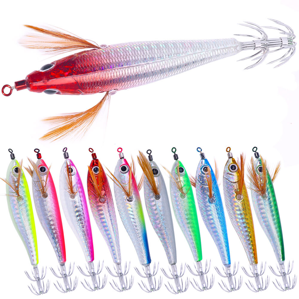 10PCS Glow Squid Jigs - 10.3cm 9.4g Shrimp Lures for Sea Fishing
