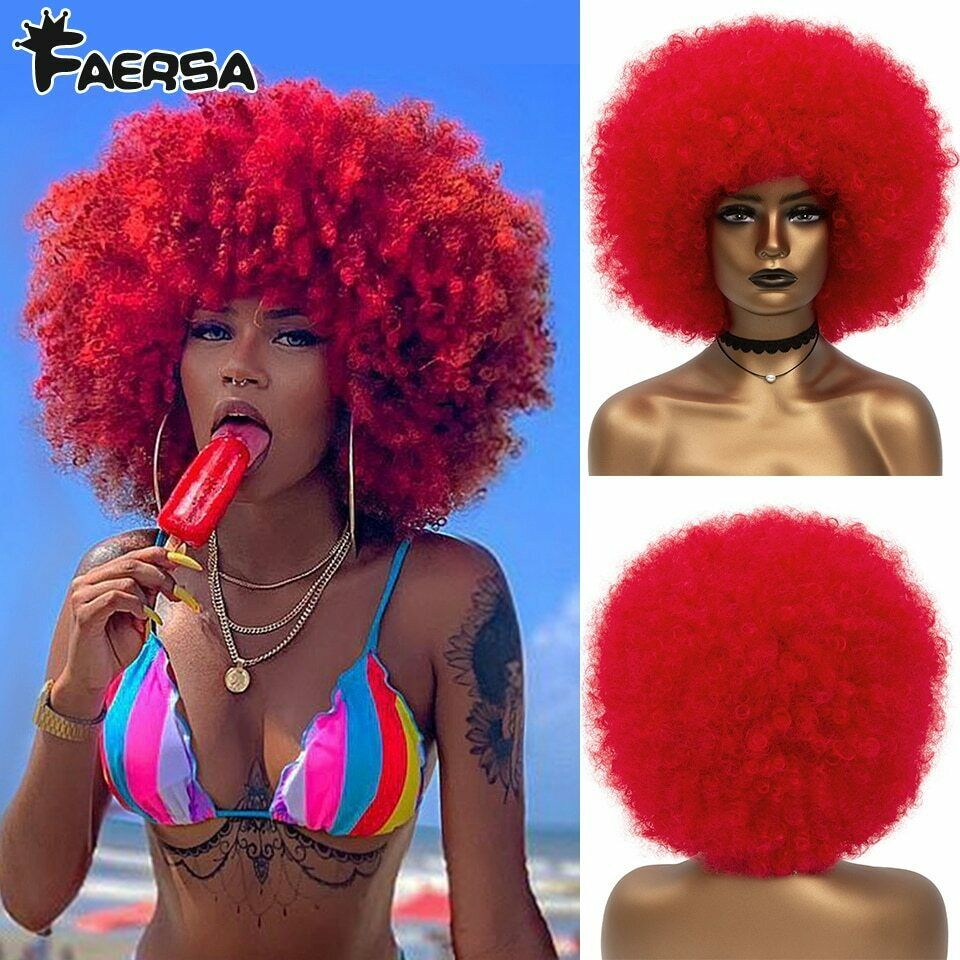 Short Hair Afro Kinky Curly Synthetic Wigs With Bangs Ombre Glueless Cosplay Wig