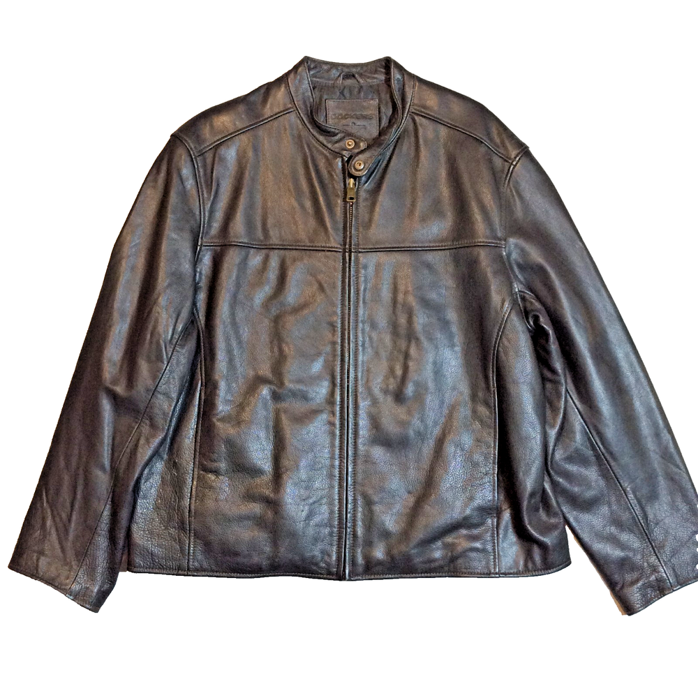 Black Leather Cafe Racer Biker Jacket DOCKERS Men's XL Lined Full Zip Pockets