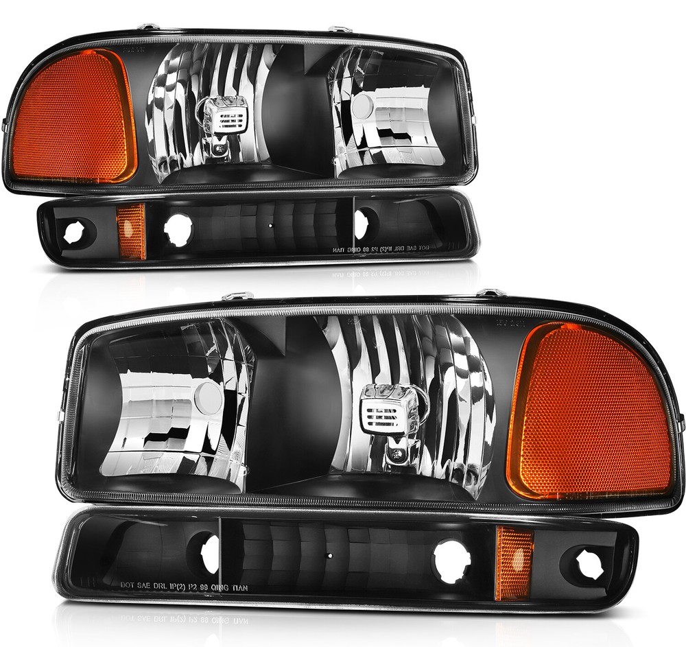 For 99-07 GMC Sierra Black Amber Headlights Assembly Bumper Corner Lamps Pair