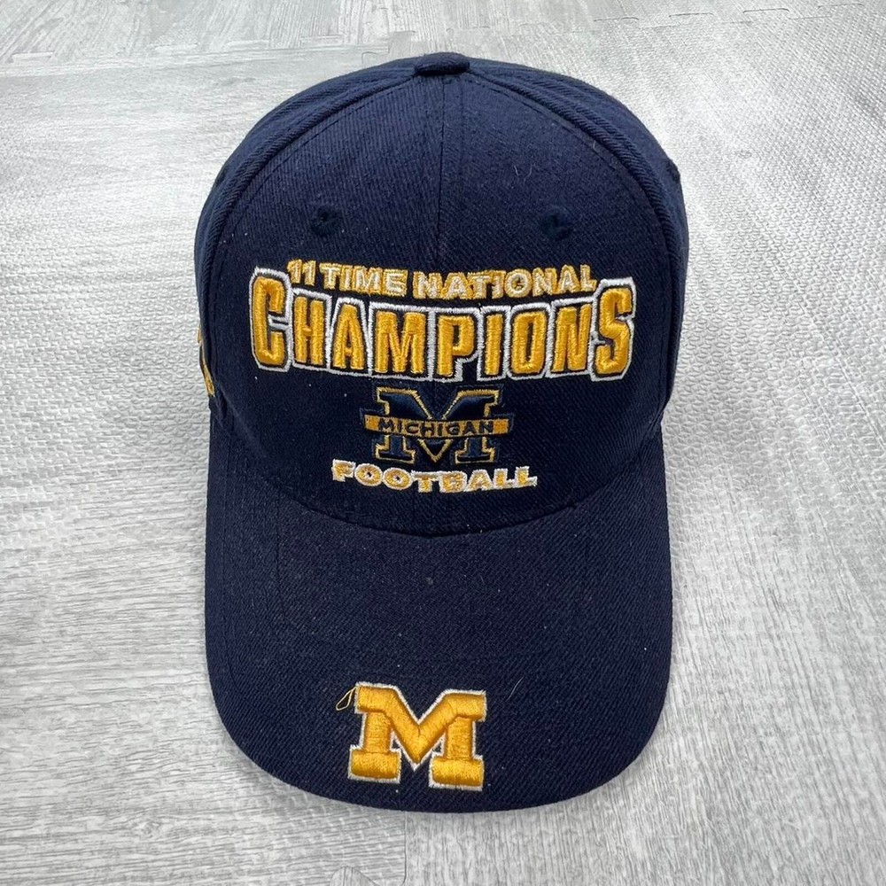 Vintage 90s Michigan Wolverines National Champions Strap Back Hat Blue Yellow
