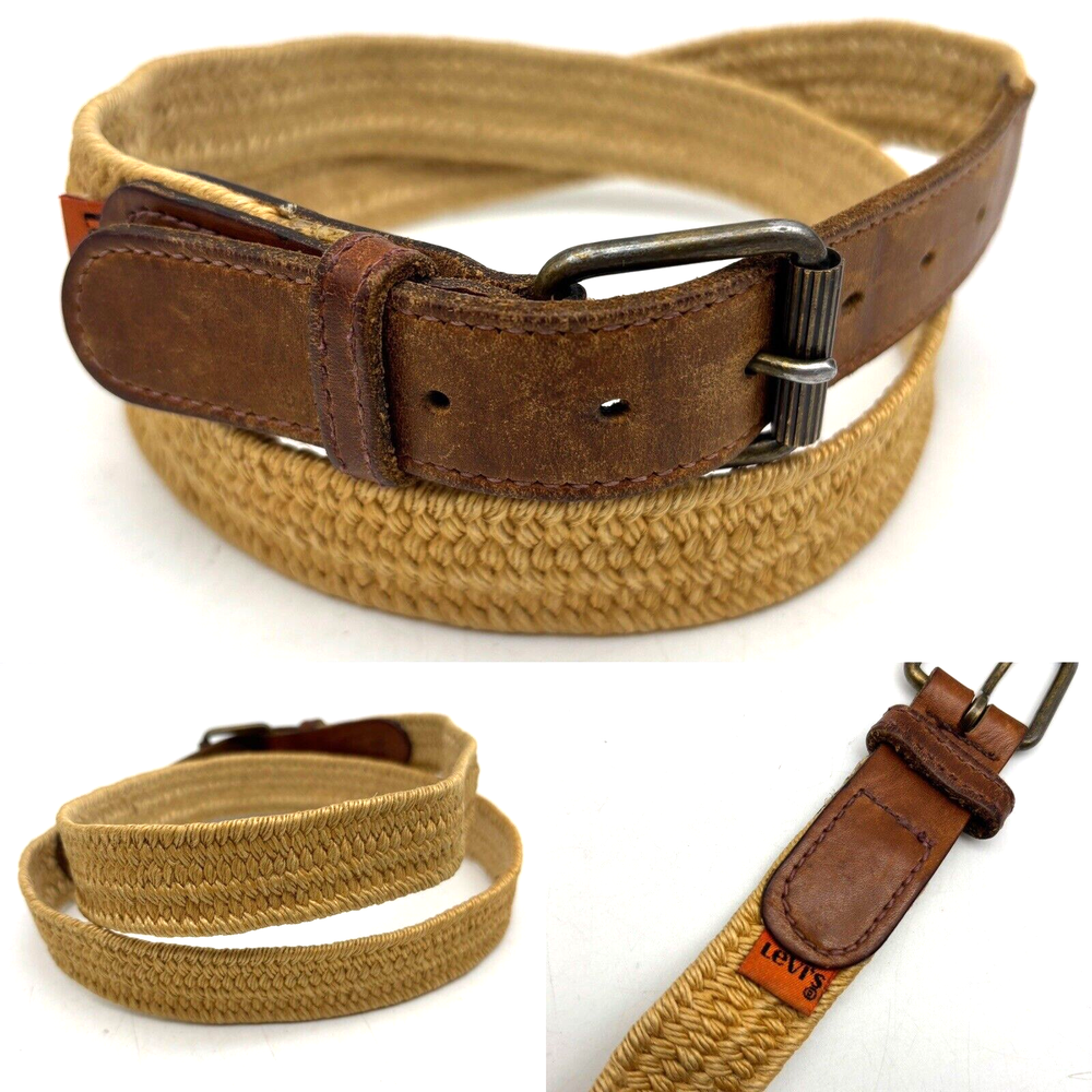 Vintage 70s Levi's 2214 Orange Tab Brown Leather Beige Hemp Stretch Belt 36