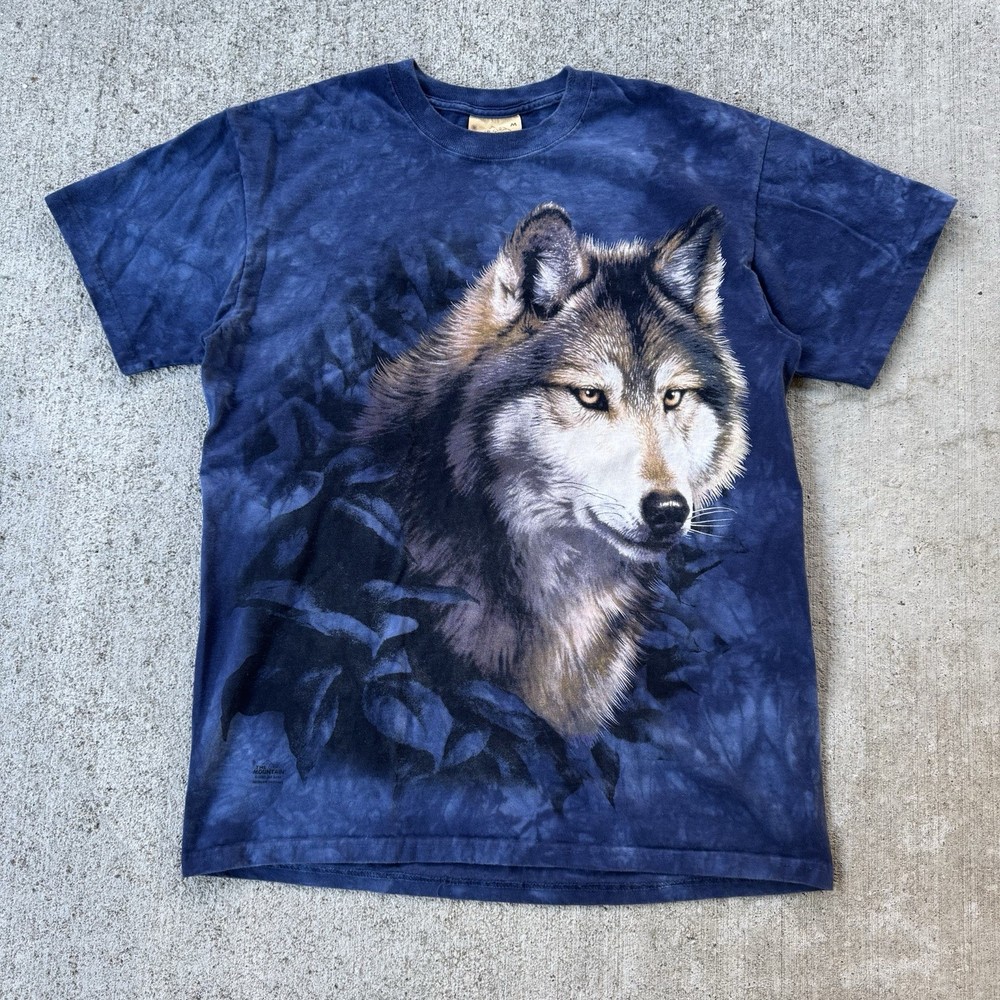 Vintage Y2K The Mountain Wolf Graphic T Shirt Blue Nature Animal Size Medium