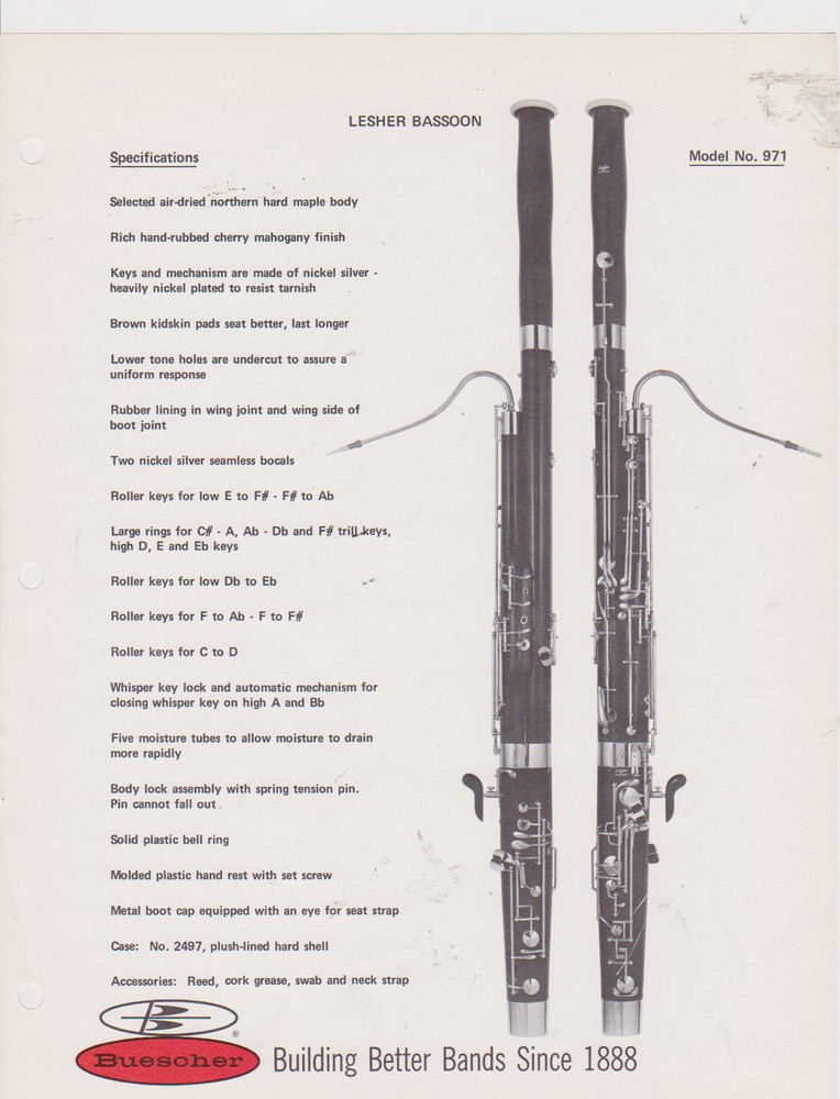VINTAGE AD SHEET #2524 - 1970s BUESCHER MUSICAL INSTRUMENT #971  LESHER BASSOON