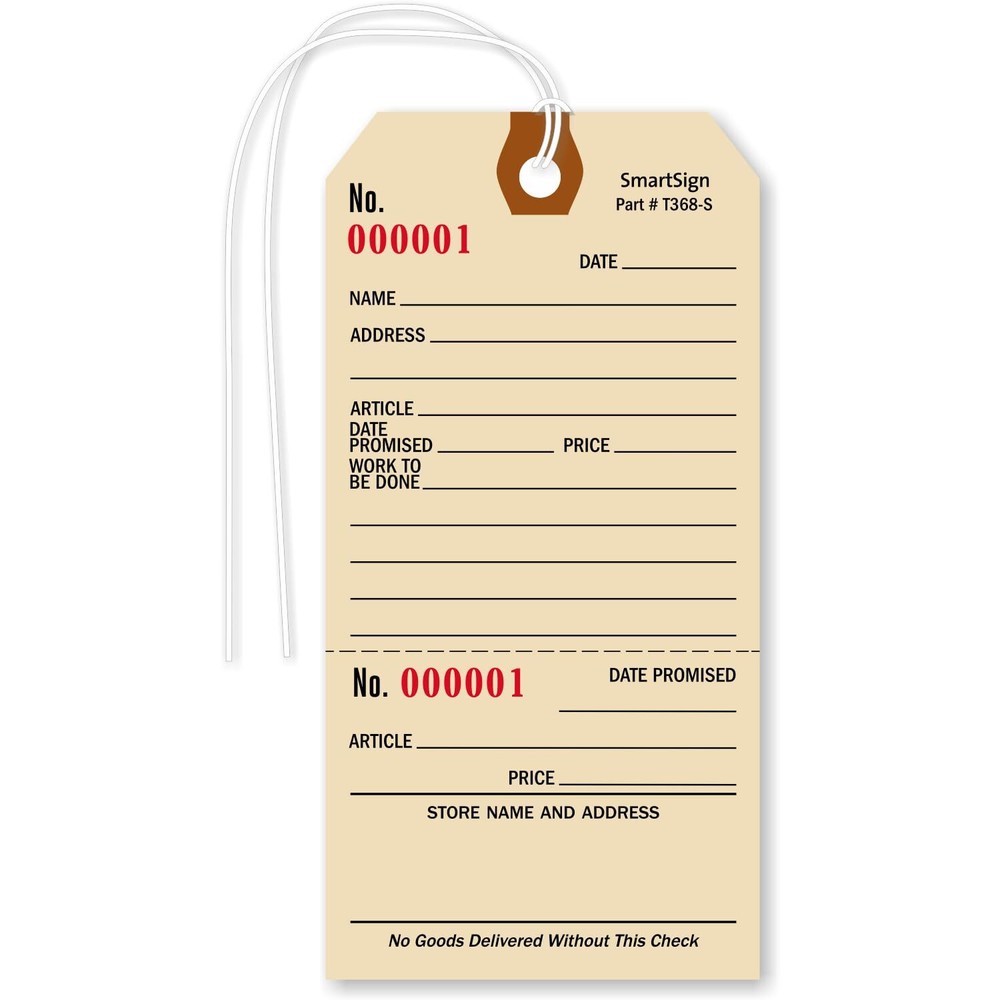 (Pack of 100) 5.25 x 2.625 inch Numbered Repair Tags with Pre-Attached String.