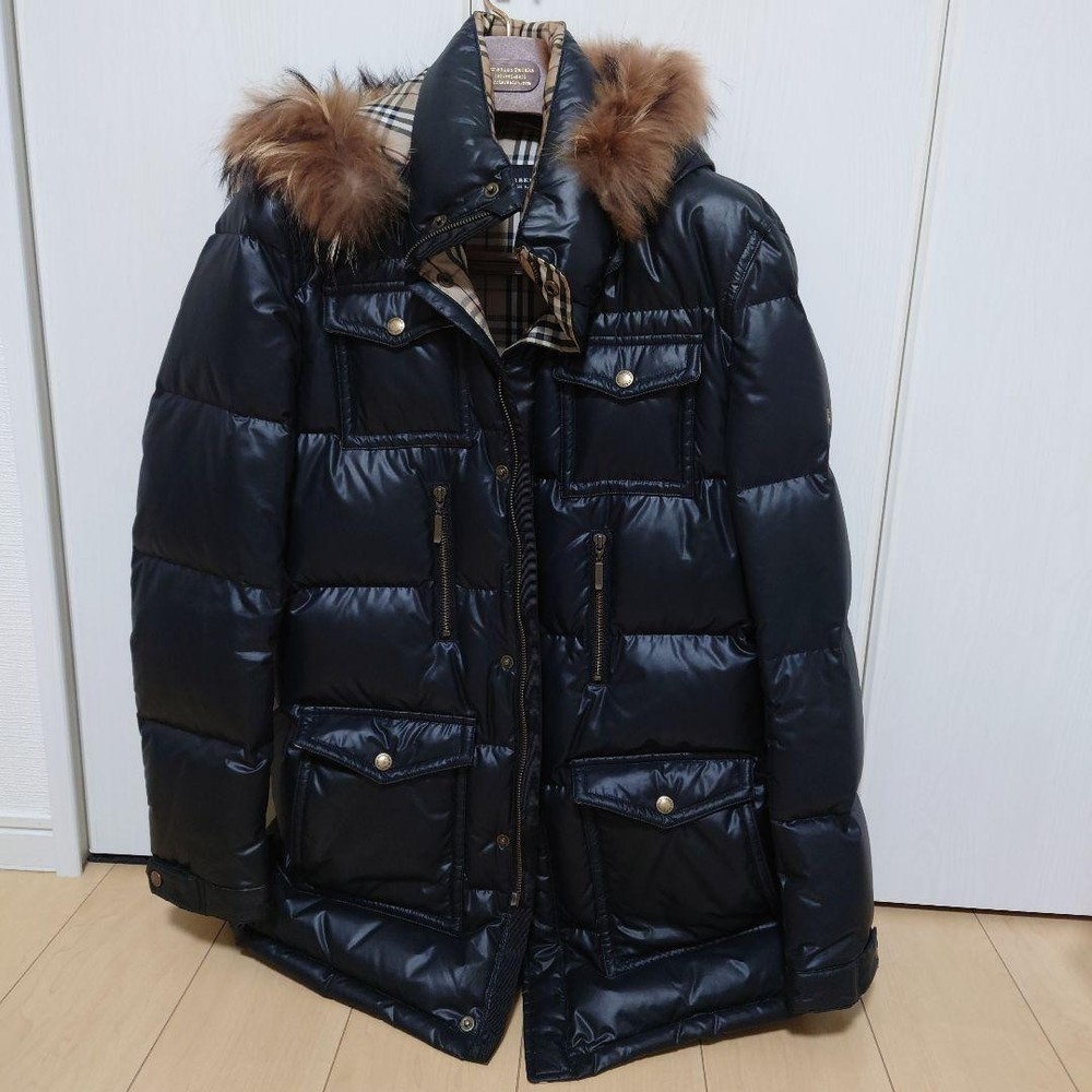 Burberry Black Label Polyester Down Jacket with Check Lining and Fur Hood Size L