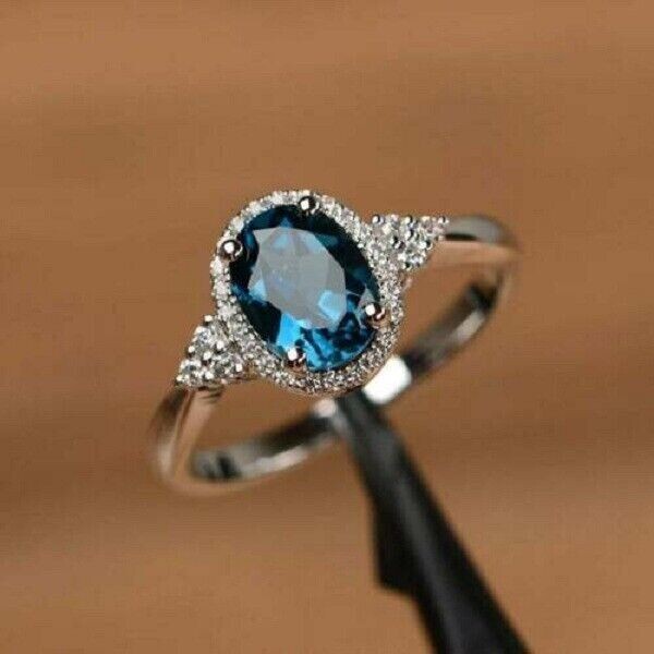 Oval Cut 2Ct London Blue Topaz Halo Engagement Ring 14K White Gold Finish