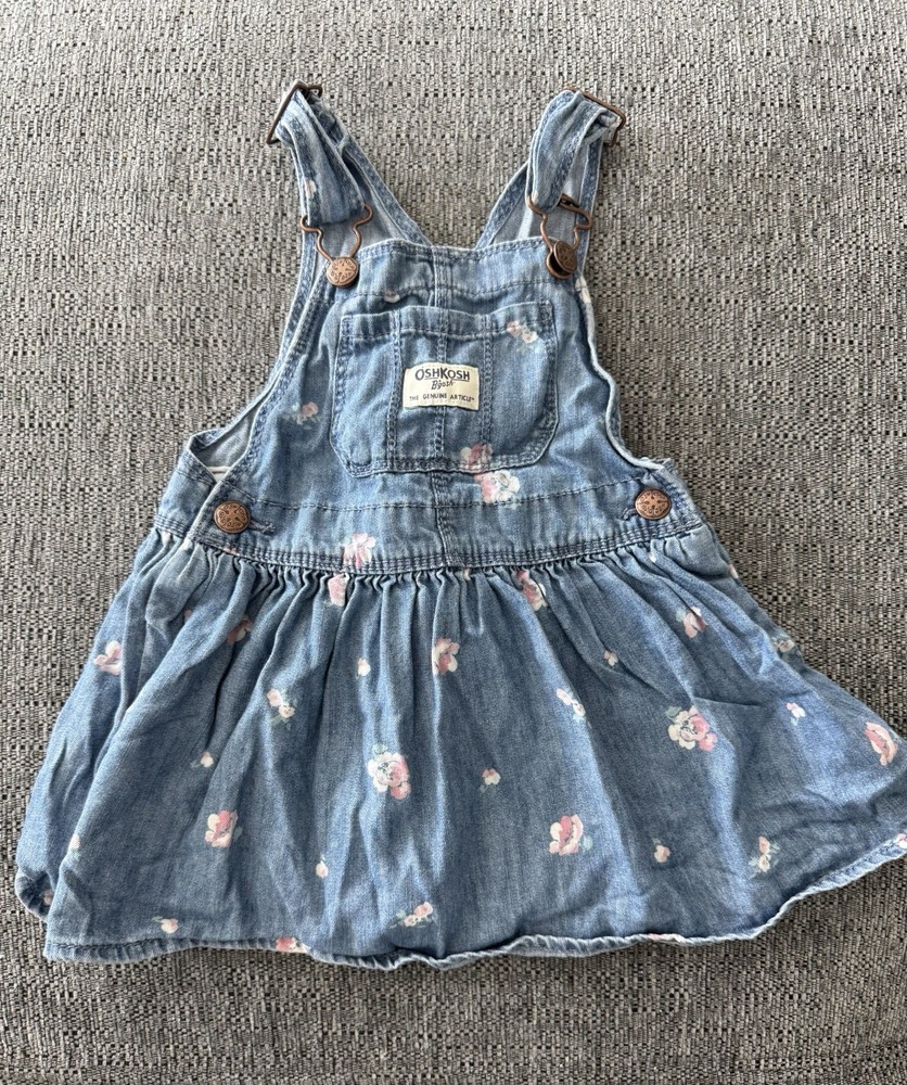 OshKosh B’gosh Toddler Girl 2T Denim Overall Dress Floral Jumper 100% Cotton
