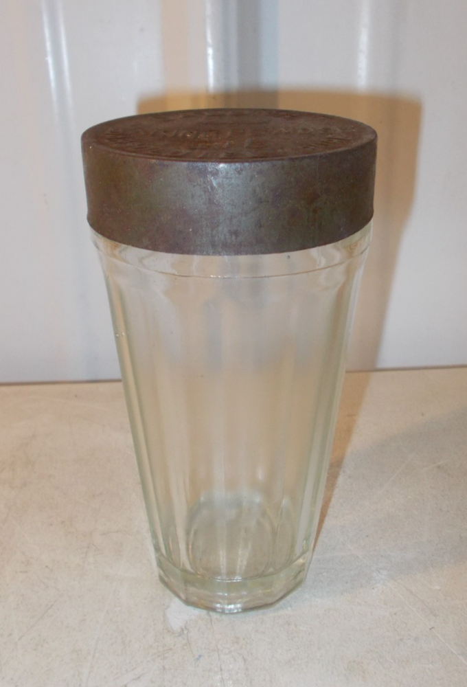 VINTAGE CALUMET BAKING POWDER GLASS JAR  WITH TIN LID