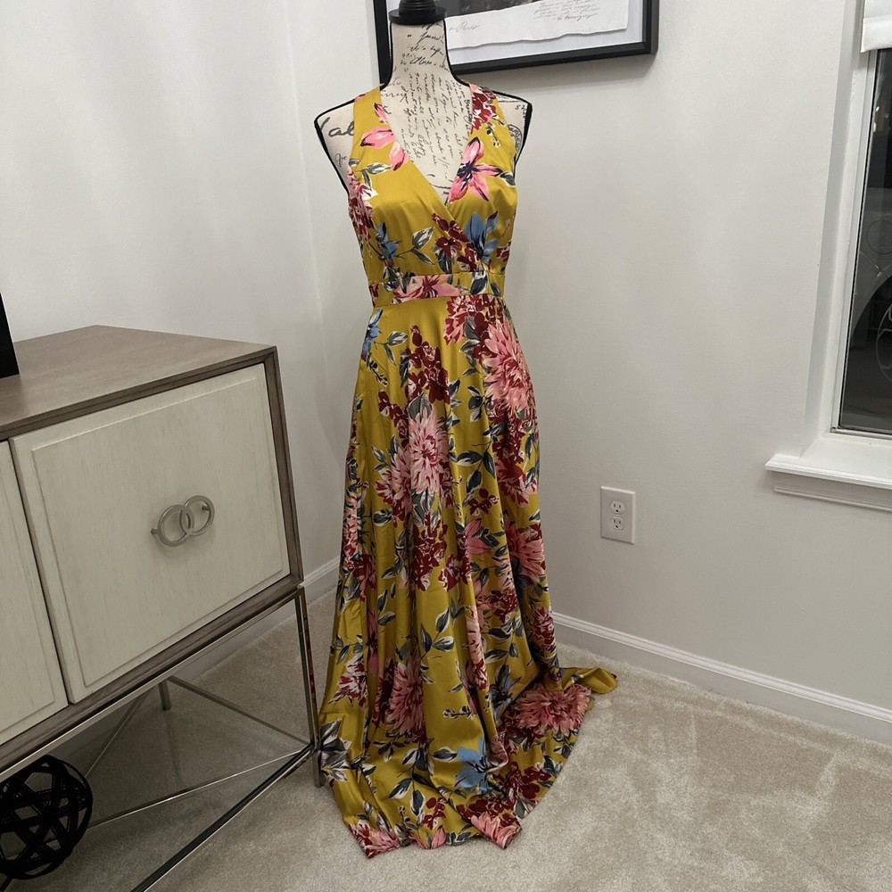Nicole Miller Floral Maxi Dress in Yellow Mustard & Pink Size 4