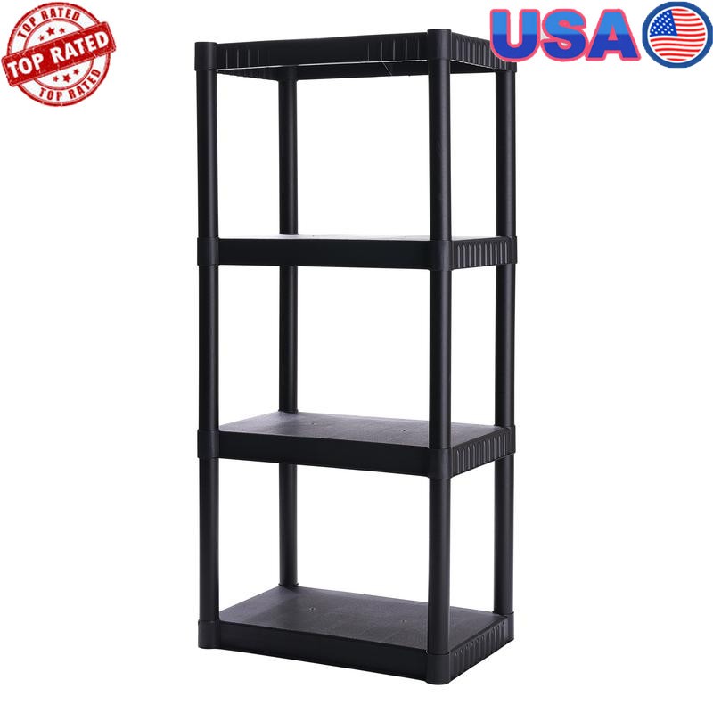 Heavy Duty 4-Tier Plastic Storage Shelves 200lb Capacity Black Organization Unit
