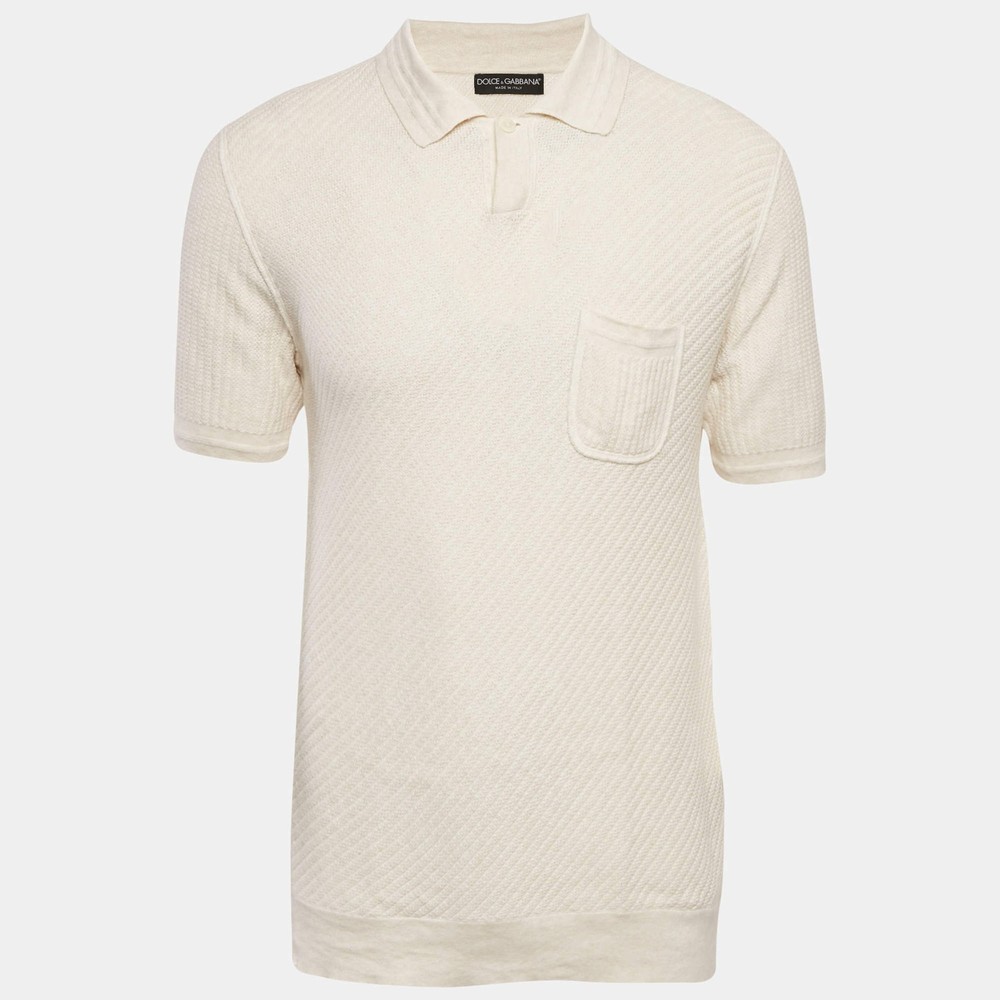 Dolce Gabbana Cream Patterned Knit Polo TShirt M