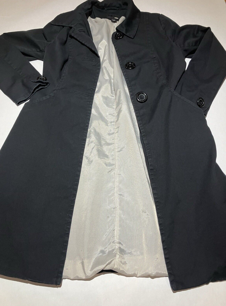 H&M black mid thigh overcoat Y2K early00s VTG button closure hidden pocket lined