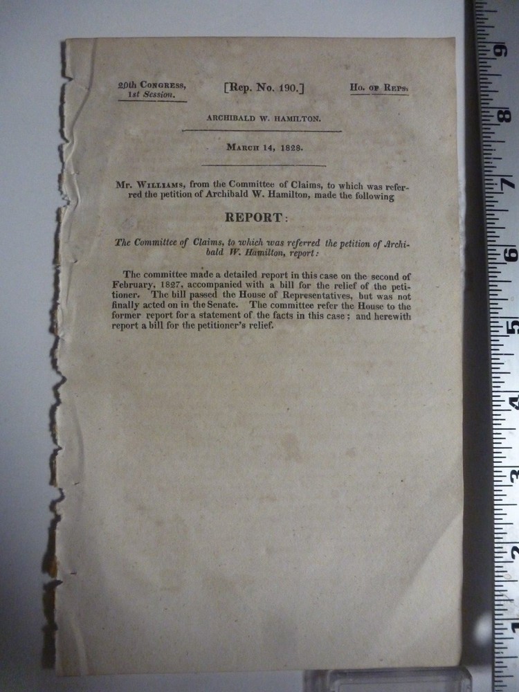 Government Report 1828 Committee Of Claims Archibald W. Hamilton. #3041