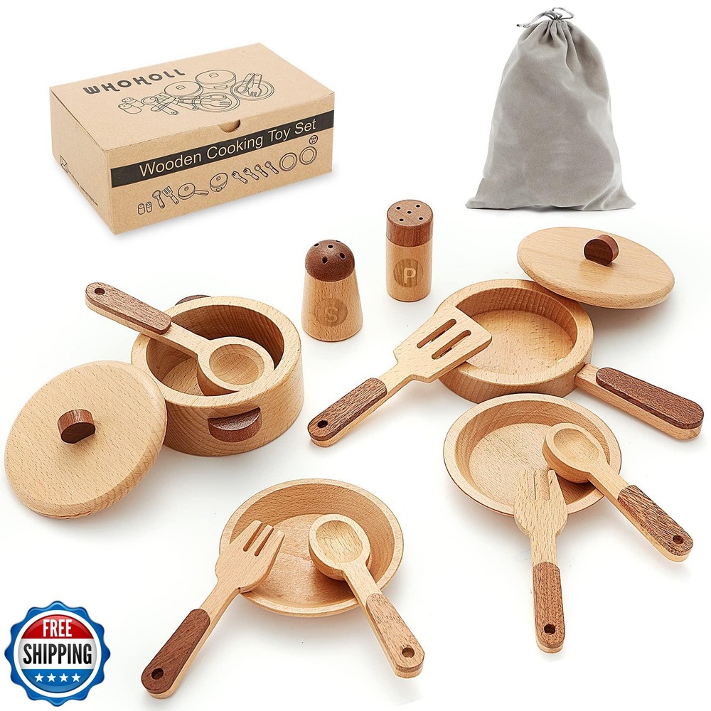 WHOHOLL Wooden Play Kitchen Accessories Montessori Toys for Kids Ages 1-5