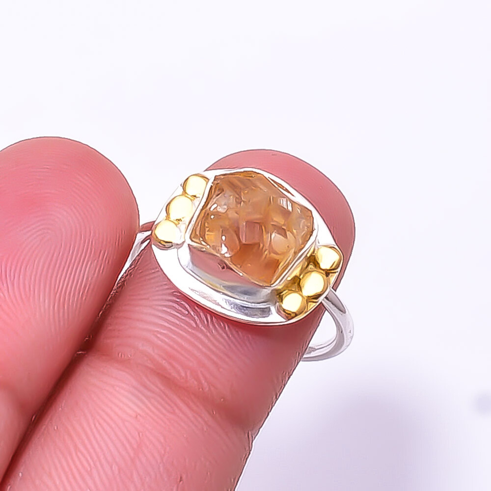 Natural Rough Natural Citrine - Brazil Gemstone 925 Sterling Silver Ring S.8 R2