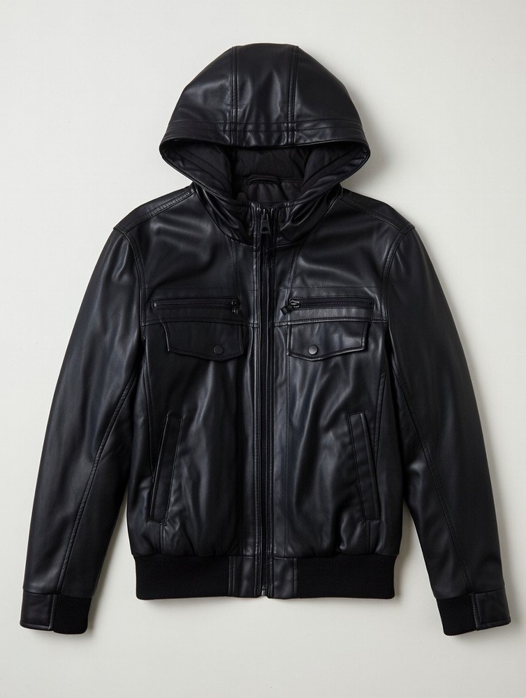 GUESS Men's Faux Leather Black Bomber Jacket Hooded Zip Stand Collar Size Small