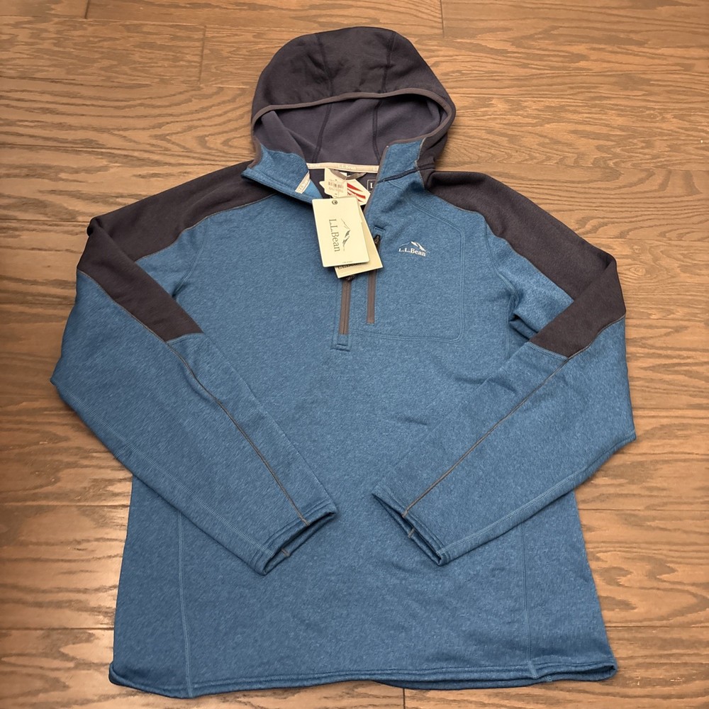 NWT L.L.Bean Mens Blue Colorblock 1/4 Zip Mountain Fleece Hoodie Size Medium  