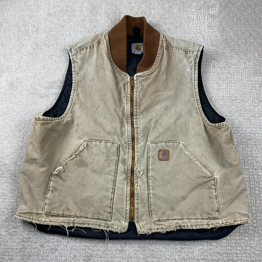 Carhartt Vest Mens 2XL Faded Distressed Tan Canvas Full Zip Quilt Lined V02 211