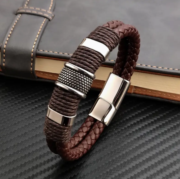 Men’s BROWN Leather Braided Bracelet w/ Silver Charm 8.5