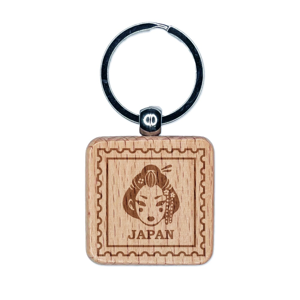 Japan Travel Japanese Geisha Woman Head Engraved Wood Square Keychain Tag Charm