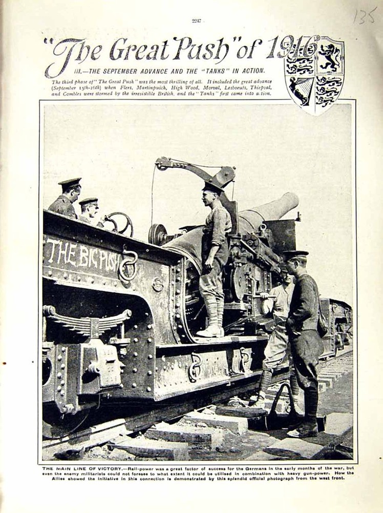 Original Old Antique Print 1916 World War Railway German Siers Gun Weapons 20th