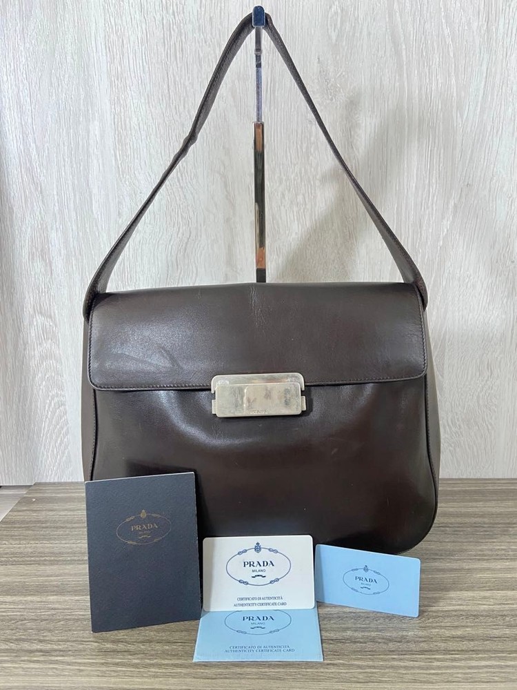 RARE Prada Brown Leather Shoulder Bag with Logo Plate Hardware