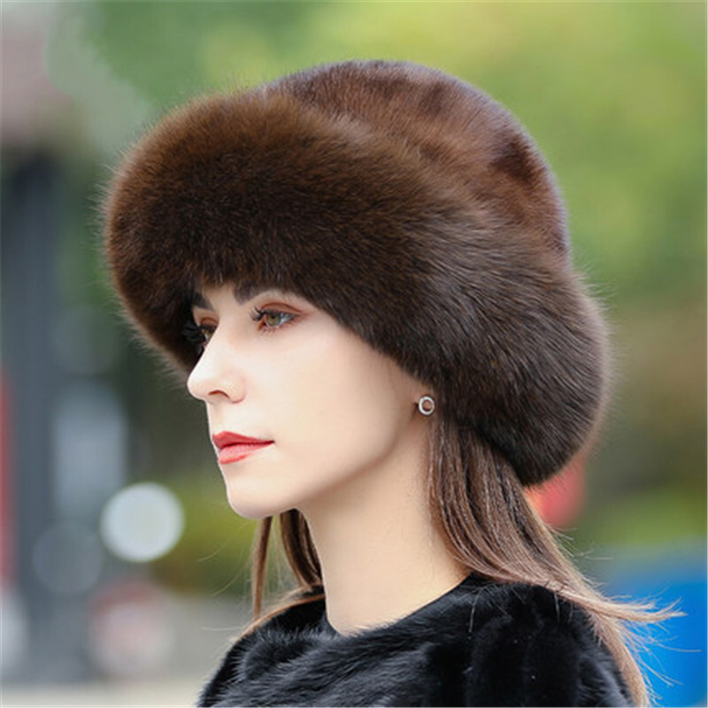 Hat Women's Real Mink Fur Whole Full Mink Fur Hat Warm Cap Bucket Hat Beanies