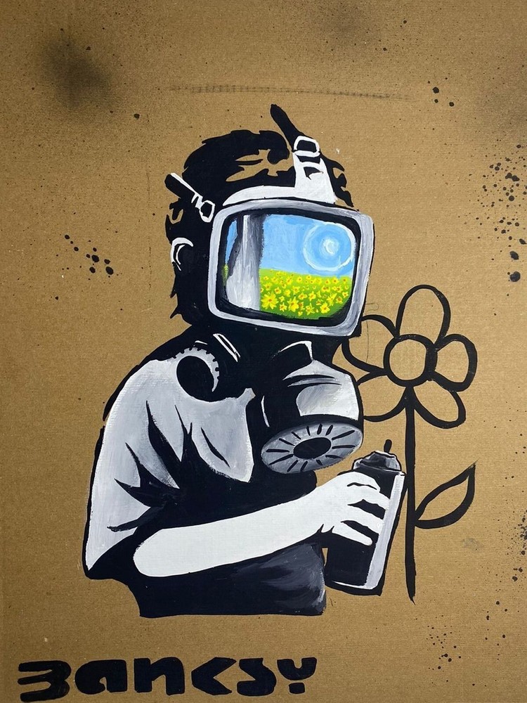 Authentic Handmade Banksy Drawing with COA, Vintage Signed Original Paper Artwork
