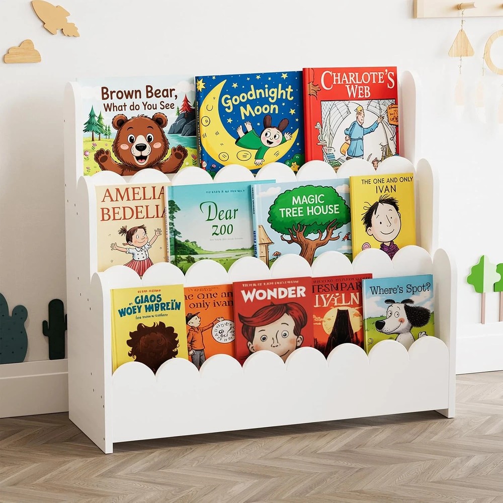Montessori 3-Tier Scalloped Kids Bookshelf - White Wooden Bookcase