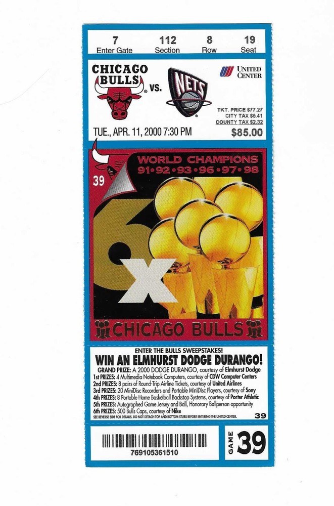 Chicago Bulls vs New Jersey Nets Unused Basketball Ticket from 4/11/2000