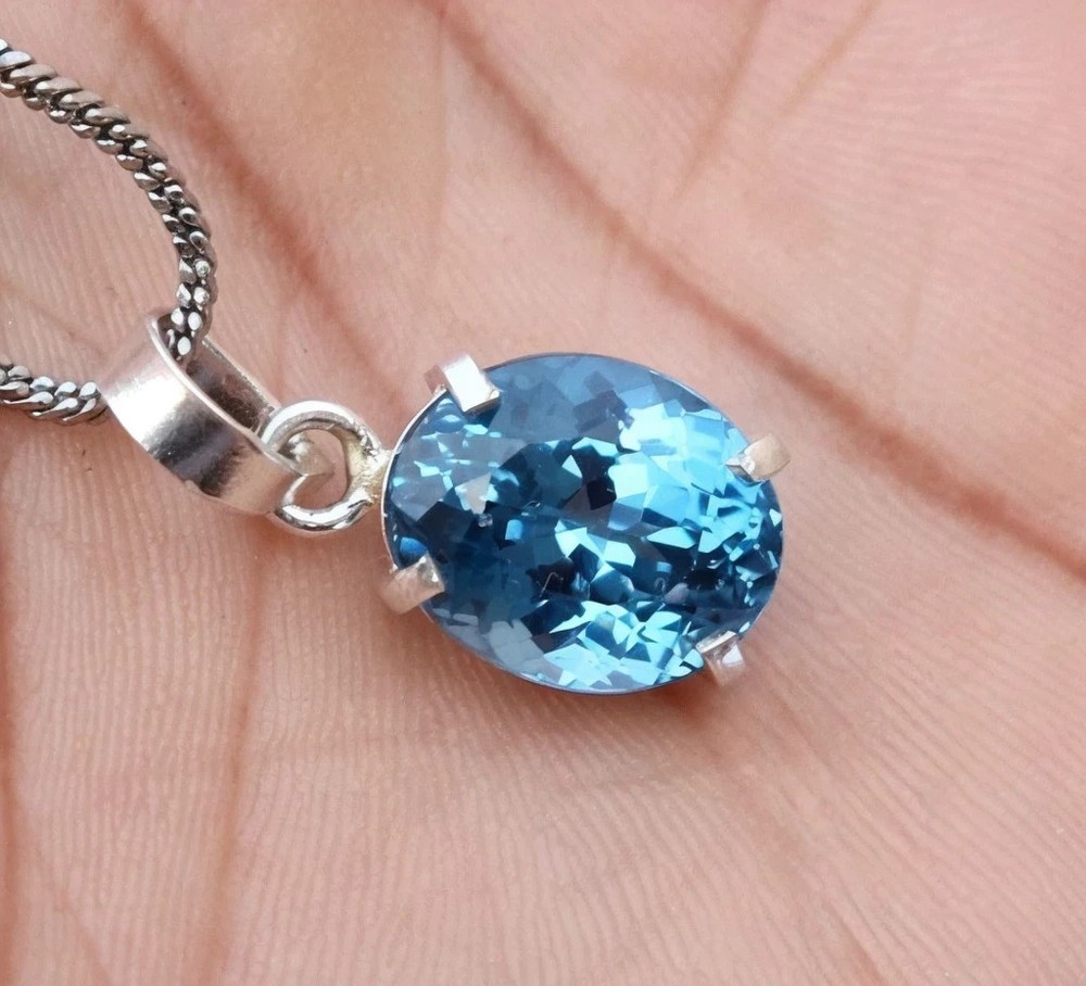 Certified 23 Ct Natural Aquamarine Oval 925 Silver Pendant- Jewelry  With Chain