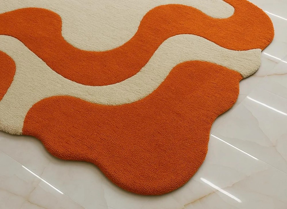 Handmade Orange Wavy Wool Rug: Modern Abstract Design