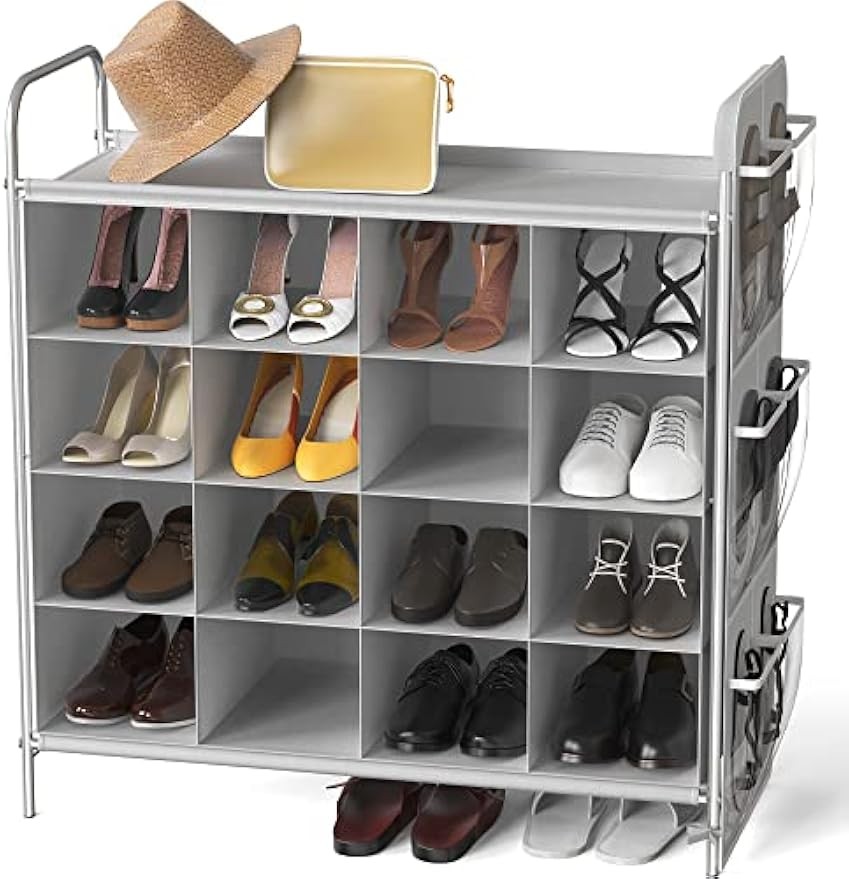 4-Tier Gray Shoe Cubby Rack Organizer with 16 Storage Cubes