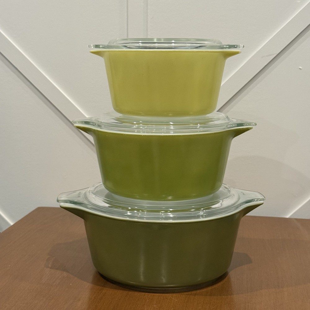 Vintage Pyrex Verde 3pc Green Casserole Set w/ Clear Glass Lids #470,474,475
