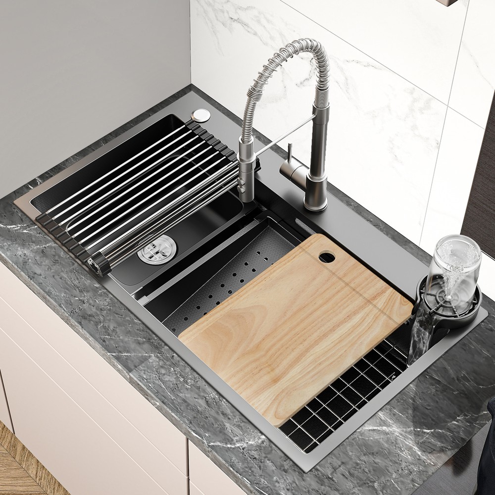 Drop In Kitchen Sink Workstation 30/32/33 Inch w/Stainless Steel Nano Black Sink