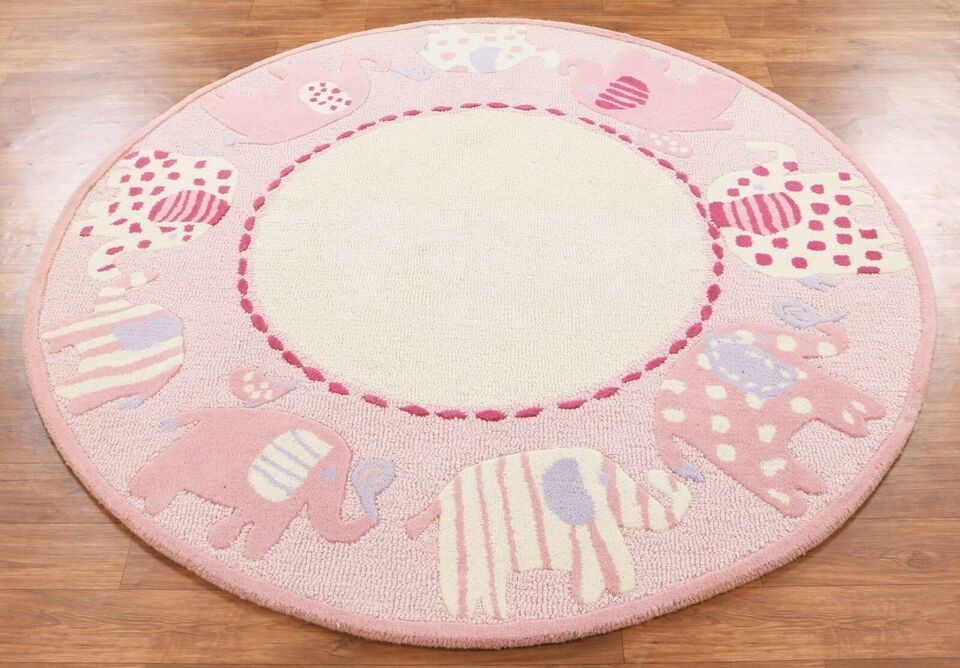 Pink Elephant Nursery Rug Round Soft Play Mat for Baby Room Decor