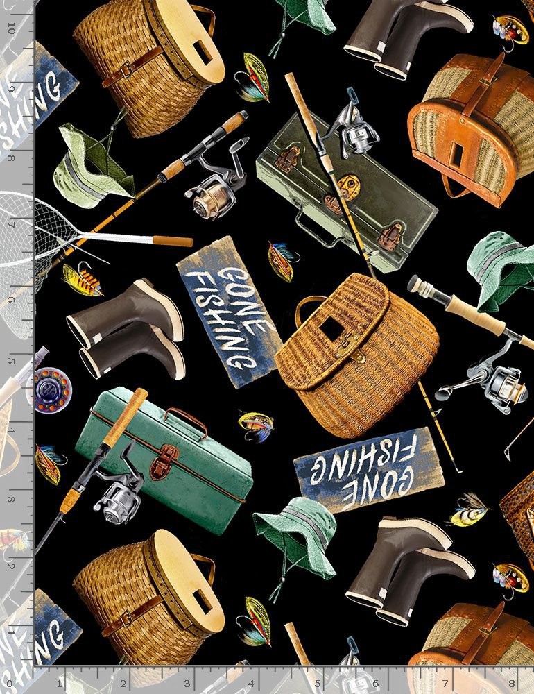 Sports Fabric | Fishing Gear Toss Black | Timeless Treasures YARD