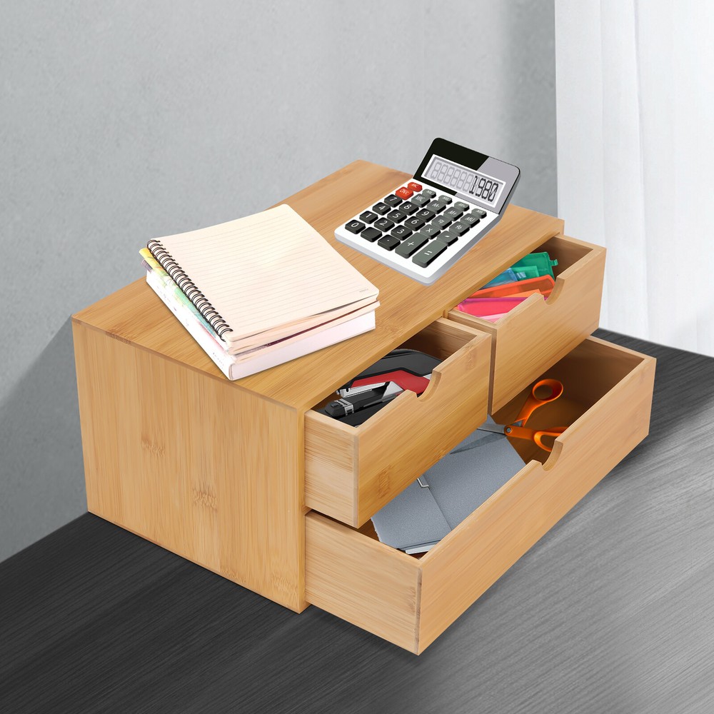 Bamboo Desk Organizer -Tabletop Mini Bamboo Desk Drawer Storage Box w/ 3 Drawers