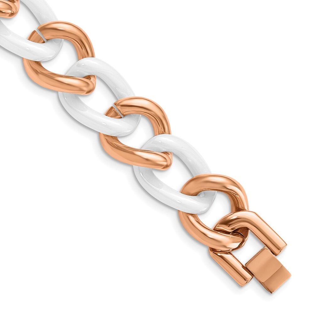 Stainless Steel Polished Rose IP-plated White Ceramic Open Link Bracelet 7.5