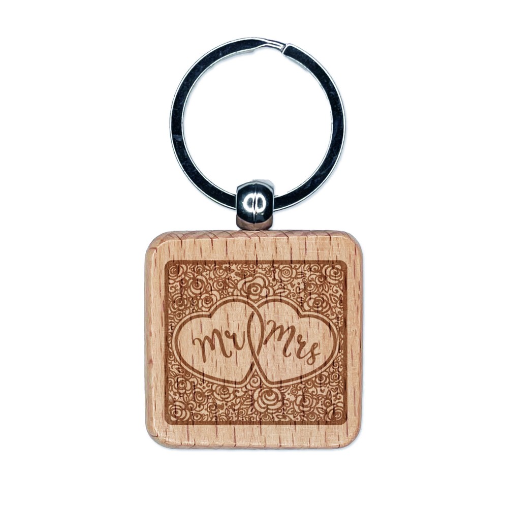 Mr Mrs Intertwined Hearts Floral Engraved Wooden Wedding Keychain
